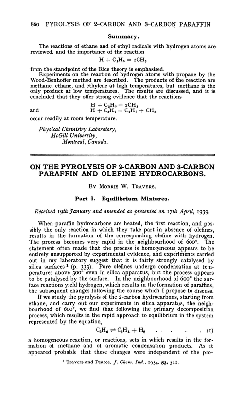 On the pyrolysis of 2-carbon and 3-carbon paraffin and olefine hydrocarbons
