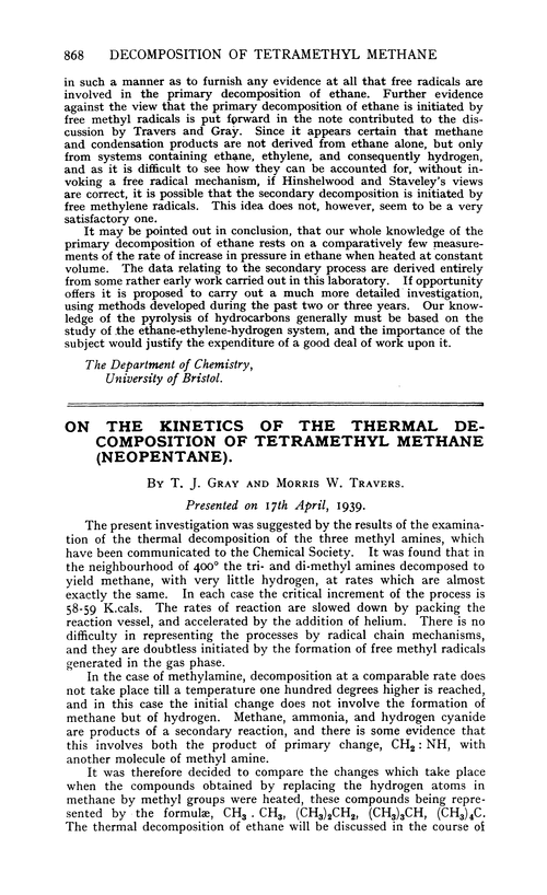 On the kinetics of the thermal decomposition of tetramethyl methane (neopentane)