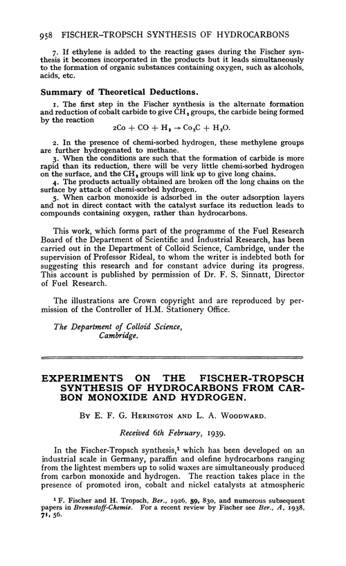 Experiments on the Fischer-Tropsch synthesis of hydrocarbons from carbon monoxide and hydrogen