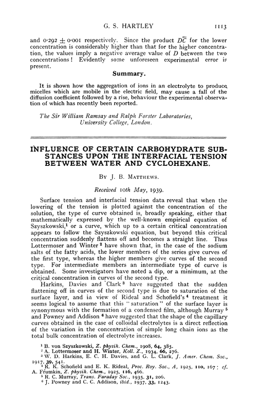 Influence of certain carbohydrate substances upon the interfacial tension between water and cyclohexane