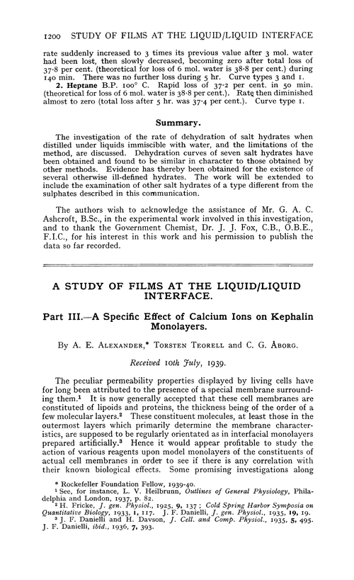 A study of films at the liquid/liquid interface. Part III.—A specific effect of calcium ions on kephalin monolayers