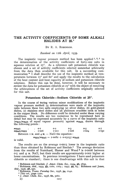 The activity coefficients of some alkali halides at 25.°