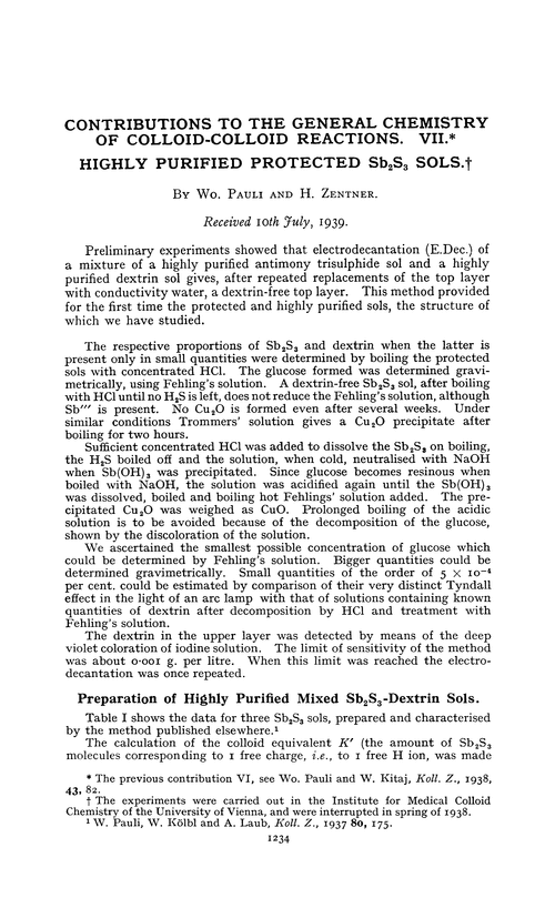 Contributions to the general chemistry of colloid-colloid reactions. VII. Highly purified protected Sb2S3 sols