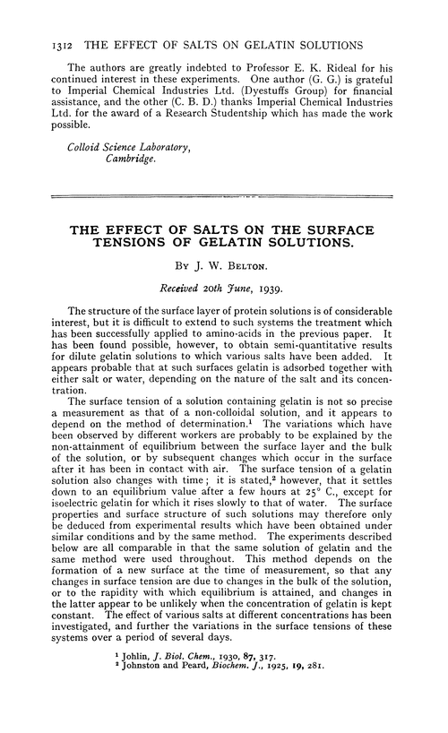The effect of salts on the surface tensions of gelatin solutions