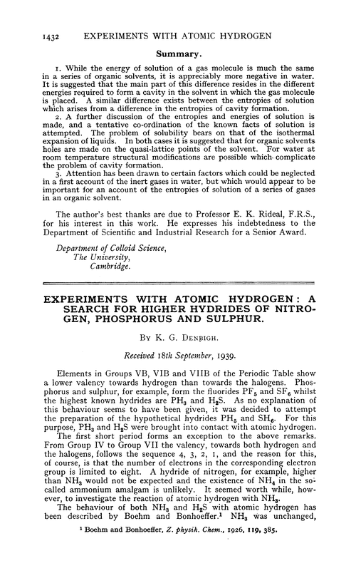 Experiments with atomic hydrogen : a search for higher hydrides of nitrogen, phosphorus and sulphur