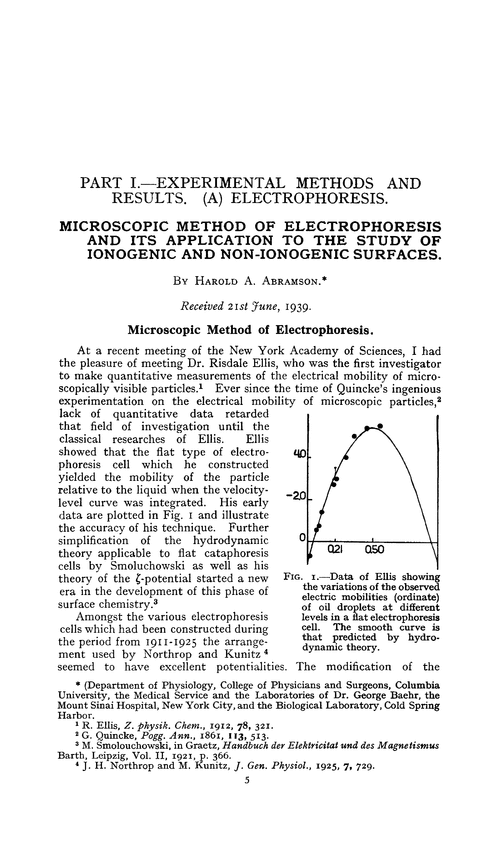 Part I.—Experimental methods and results. (A) Electrophoresis. Microscopic method of electrophoresis and its application to the study of ionogenic and non-ionogenic surfaces