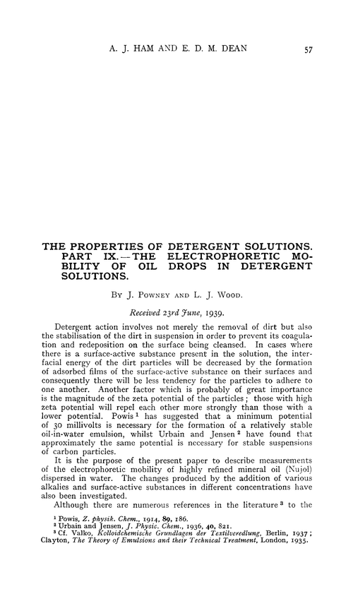 The properties of detergent solutions. Part IX.—The electrophoretic mobility of oil drops in detergent solutions