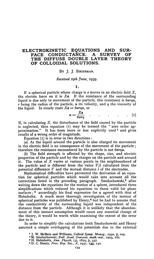 Electrokinetic equations and surface conductance. A survey of the diffuse double layer theory of colloidal solutions