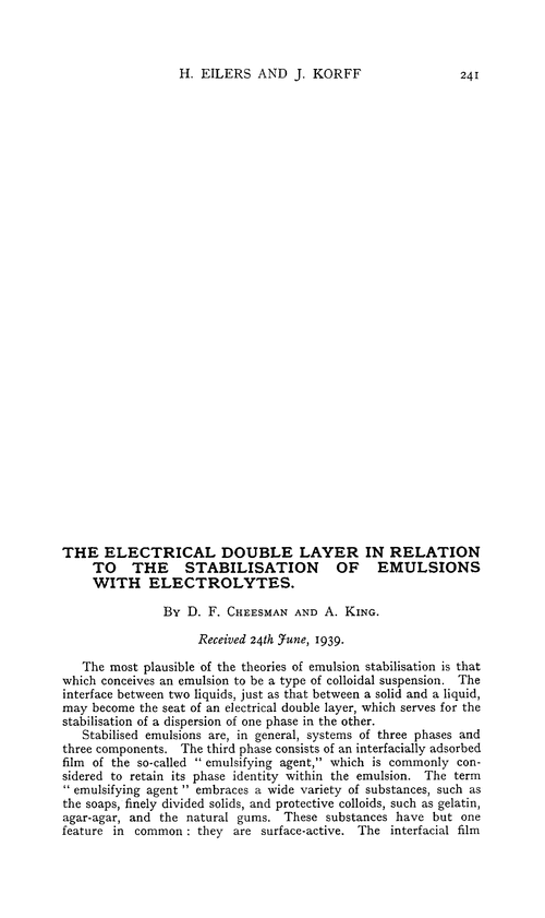 The electrical double layer in relation to the stabilisation of emulsions with electrolytes