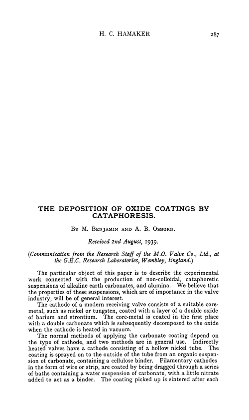 The deposition of oxide coatings by cataphoresis