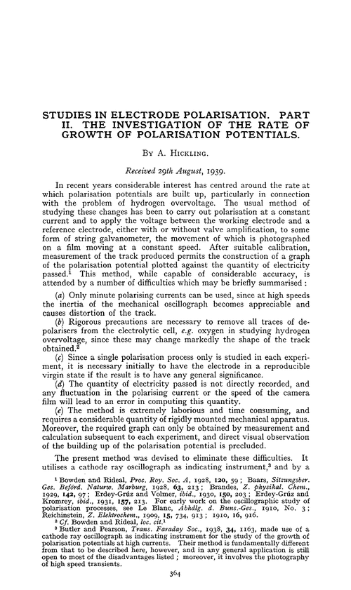 Studies in electrode polarisation. Part II. The investigation of the rate of growth of polarisation potentials
