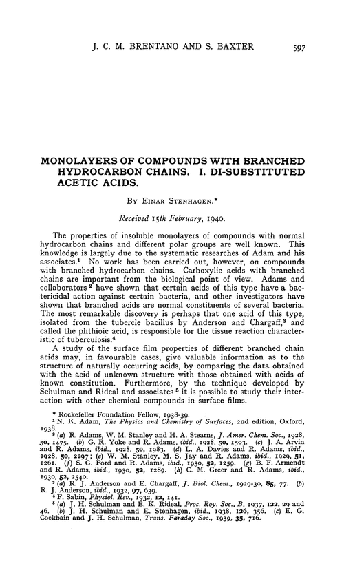 Monolayers of compounds with branched hydrocarbon chains. I. Di-substituted acetic acids