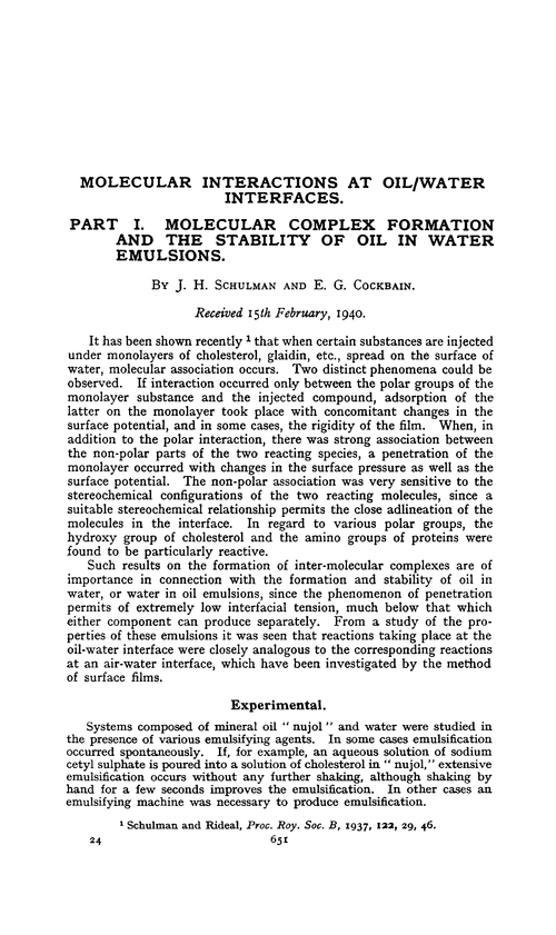Molecular interactions at oil/water interfaces. Part I. Molecular complex formation and the stability of oil in water emulsions