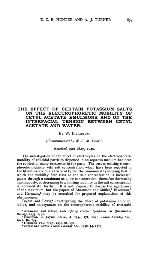 The effect of certain potassium salts on the electrophoretic mobility of cetyl acetate emulsions, and on the interfacial tension between cetyl acetate and water