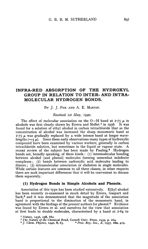 Infra-red absorption of the hydroxyl group in relation to inter- and intramolecular hydrogen bonds
