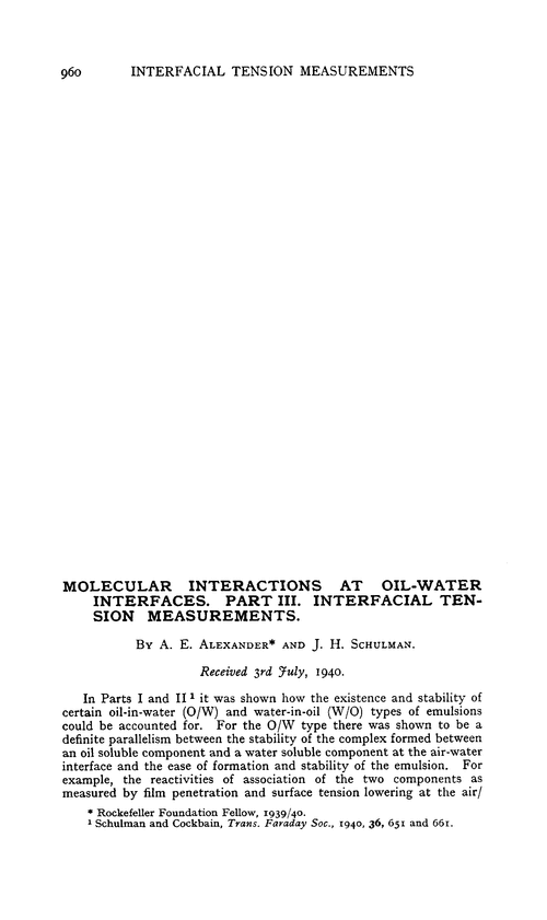 Molecular interactions at oil-water interfaces. Part III. Interfacial tension measurements
