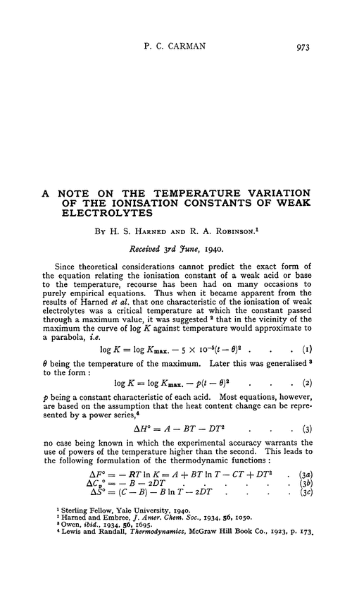 A note on the temperature variation of the ionisation constants of weak electrolytes