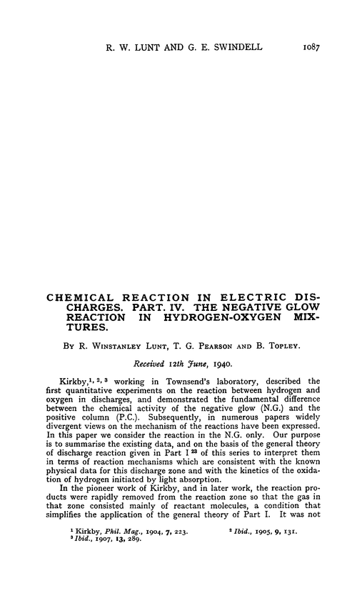 Chemical reaction in electric discharges. Part. IV. The negative glow reaction in hydrogen-oxygen mixtures
