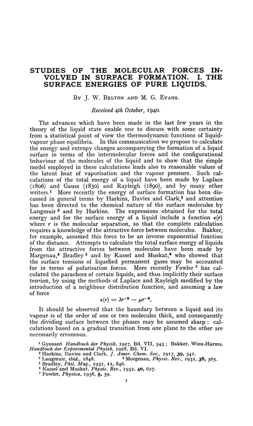 Studies of the molecular forces involved in surface formation. I. The surface energies of pure liquids