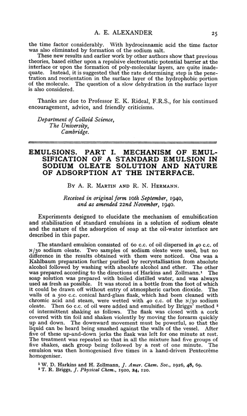 Emulsions. Part I. Mechanism of emulsification of a standard emulsion in sodium oleate solution and nature of adsorption at the interface