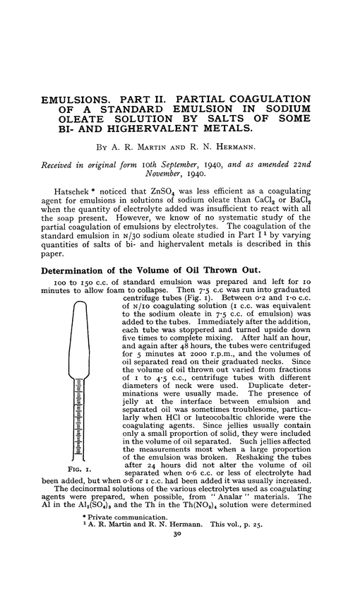 Emulsions. Part II. Partial coagulation of a standard emulsion in sodium oleate solution by salts of some bi- and highervalent metals