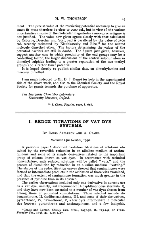 I. Redox titrations of vat dye systems