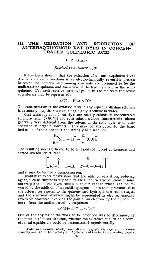 III.—The oxidation and reduction of anthraquinonoid vat dyes in concentrated sulphuric acid