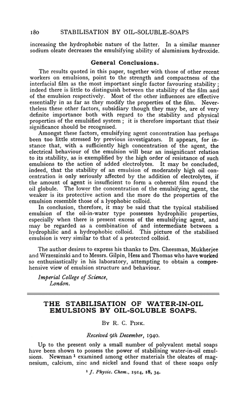 The stabilisation of water-in-oil emulsions by oil-soluble soaps