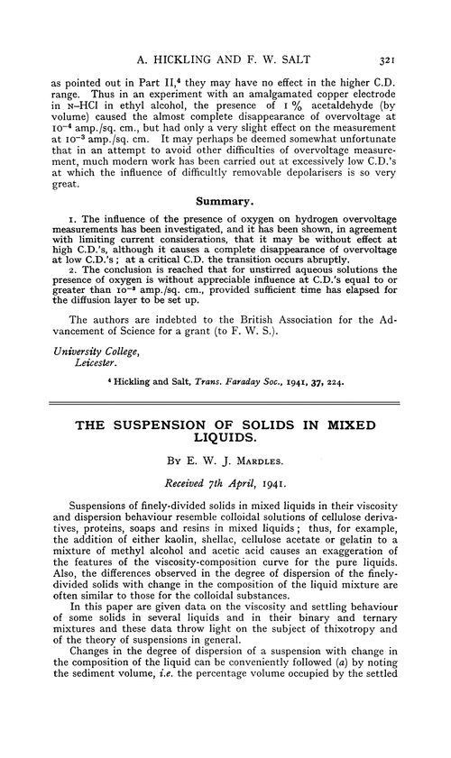 The suspension of solids in mixed liquids