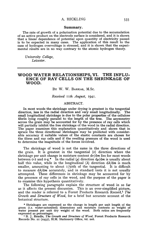 Wood water relationships, VI. The influence of ray cells on the shrinkage of wood