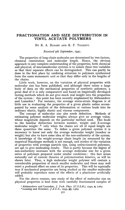 Fractionation and size distribution in vinyl acetate polymers