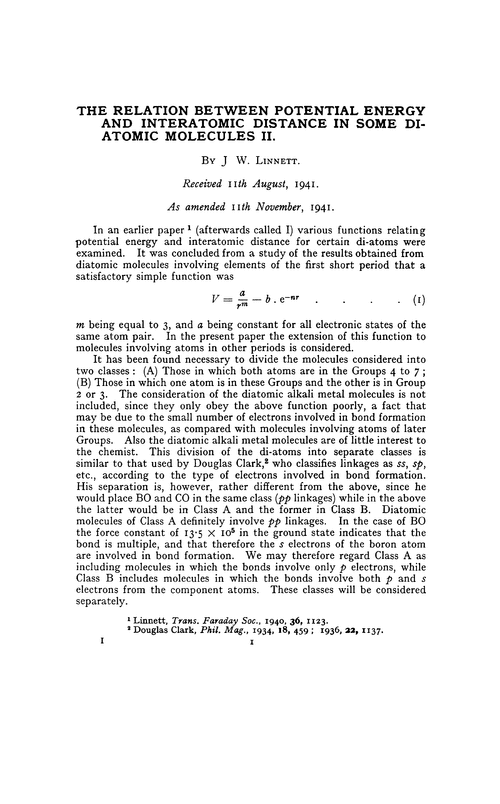 The relation between potential energy and interatomic distance in some di-atomic molecules II