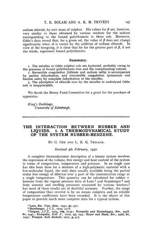 The interaction between rubber and liquids. 1. A thermodynamical study of the system rubber-benzene