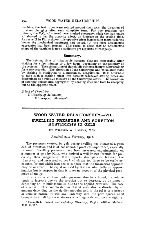 Wood water relationships—VII. Swelling pressure and sorption hysteresis in gels