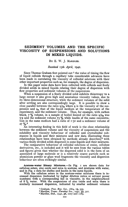 Sediment volumes and the specific viscosity of suspensions and solutions in mixed liquids