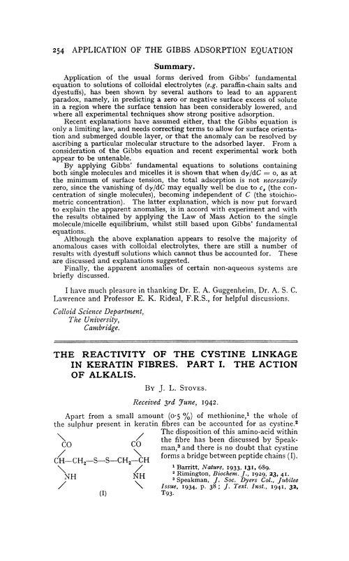 The reactivity of the cystine linkage in keratin fibres. Part I. The action of alkalis