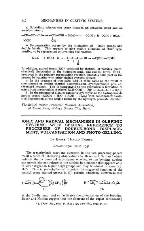 Ionic and radical mechanisms in olefinic systems, with special reference to processes of double-bond displacement, vulcanisation and photo-gelling