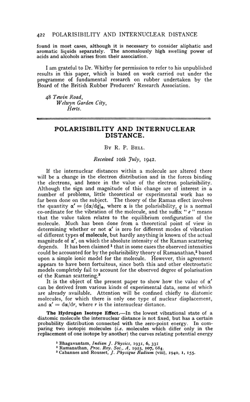 Polarisibility and internuclear distance