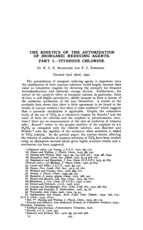 The kinetics of the autoxidation of inorganic reducing agents. Part I.—Titanous chloride