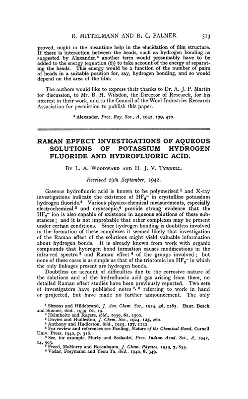 Raman effect investigations of aqueous solutions of potassium hydrogen fluoride and hydrofluoric acid