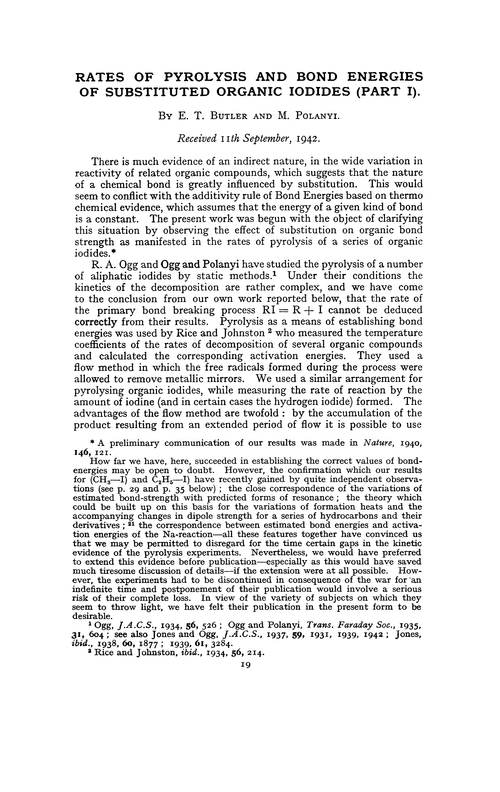 Rates of pyrolysis and bond energies of substituted organic iodides (Part I)