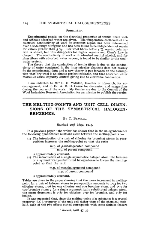 The melting-points and unit cell dimensions of the symmetrical halogenbenzenes
