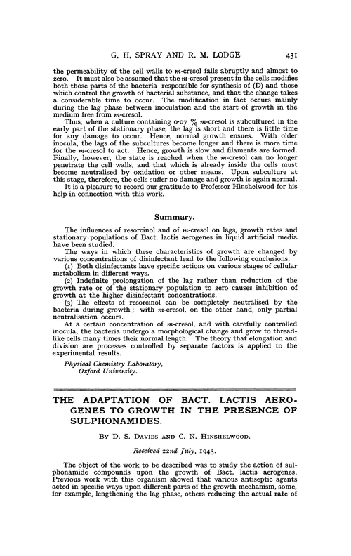 The adaptation of Bact. lactis aerogenes to growth in the presence of sulphonamides