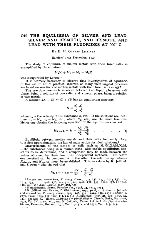 On the equilibria of silver and lead, silver and bismuth, and bismuth and lead with their fluorides at 900° C