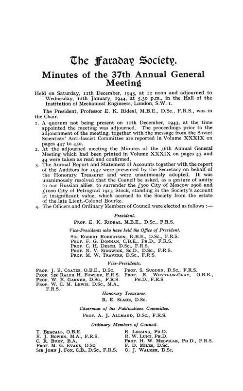 The Faraday Society. Minutes of the 37th Annual General Meeting