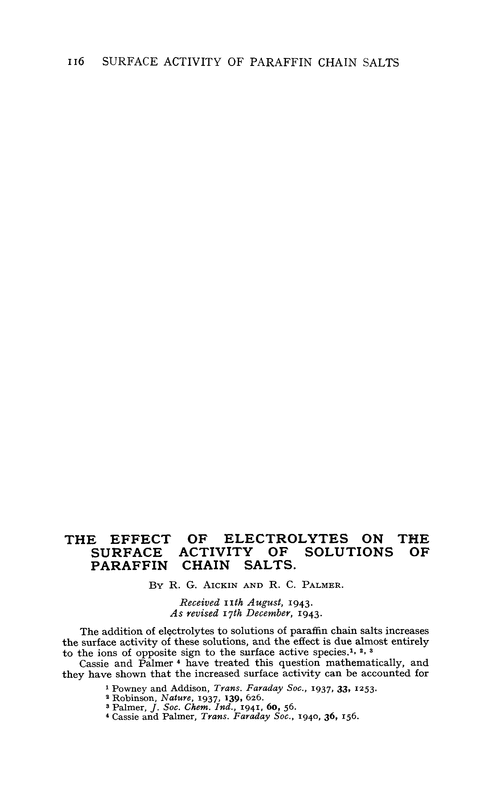 The effect of electrolytes on the surface activity of solutions of paraffin chain salts