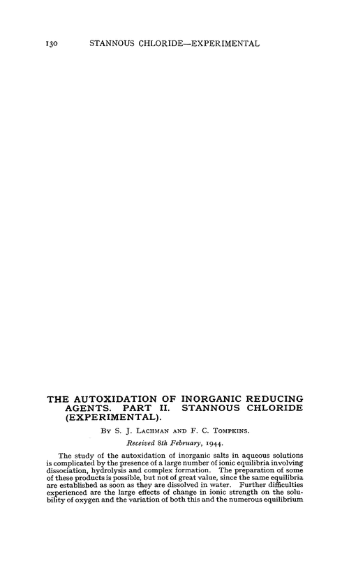 The autoxidation of inorganic reducing agents. Part II. Stannous chloride (experimental)