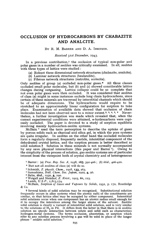 Occlusion of hydrocarbons by chabazite and analcite