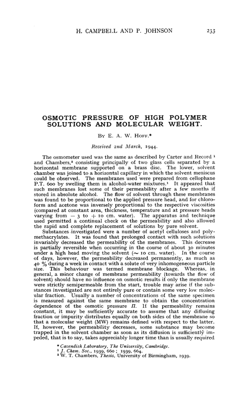 Osmotic pressure of high polymer solutions and molecular weight