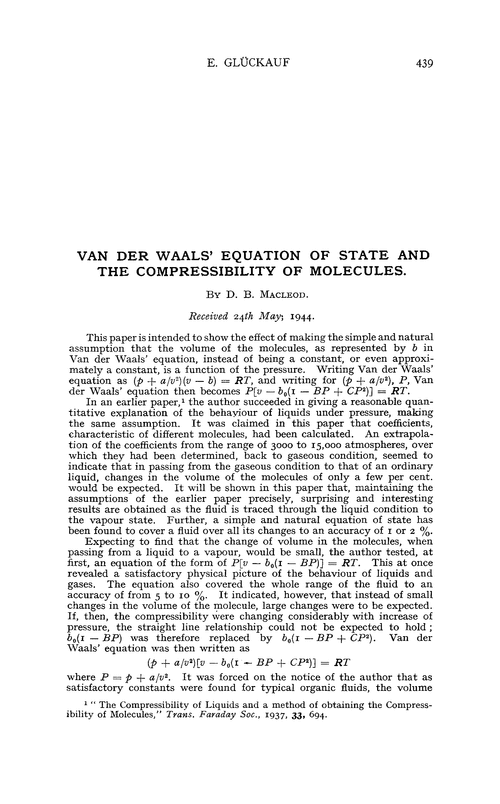 Van der Waals' equation of state and the compressibility of molecules